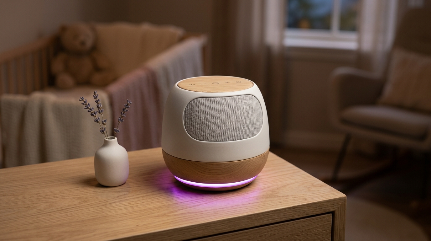 Nursery acoustic diffuser and warm nightstand ambiance