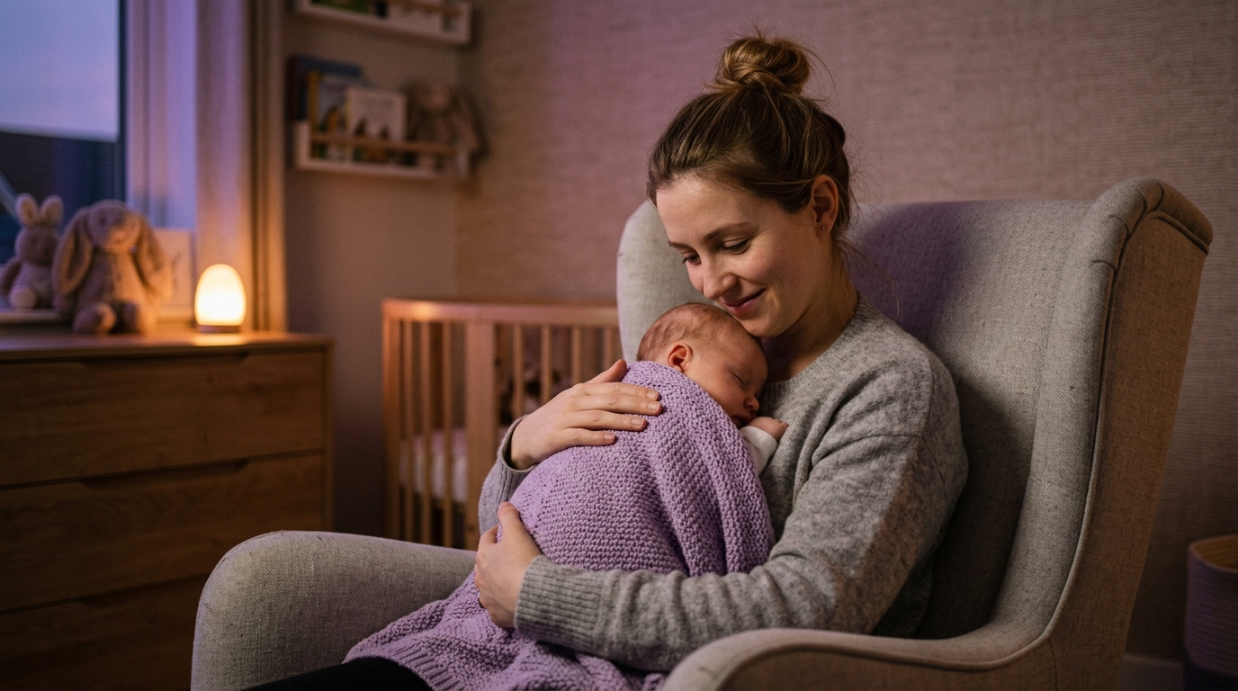 Mother tenderly cradling sleeping baby in nursery